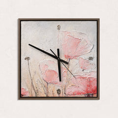 Unique Hand-Painted Wall Clock – Sculptural Pink Poppies, Silver Markers, 35×35 cm
