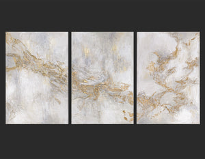 Abstract Wall Art in White, Grey & Gold – Hand-Painted 3 Piece Canvas "Cloud Gold"