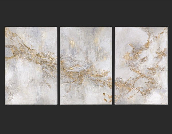 Abstract Wall Art in White, Grey & Gold – Hand-Painted 3 Piece Canvas "Cloud Gold"