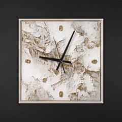 Unique Hand-Painted Wall Clock – White & Gold Palette Knife Relief, 35×35 cm