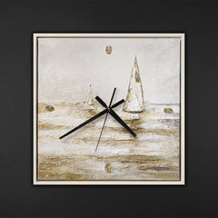 Unique Hand-Painted Wall Clock – Sailboats White & Gold Sculptural Relief, 35×35 cm