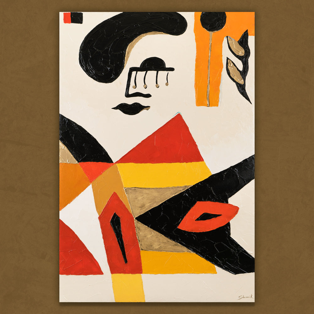 Abstrakte Kunst mit Geometrie und Porträt – Acrylgemälde