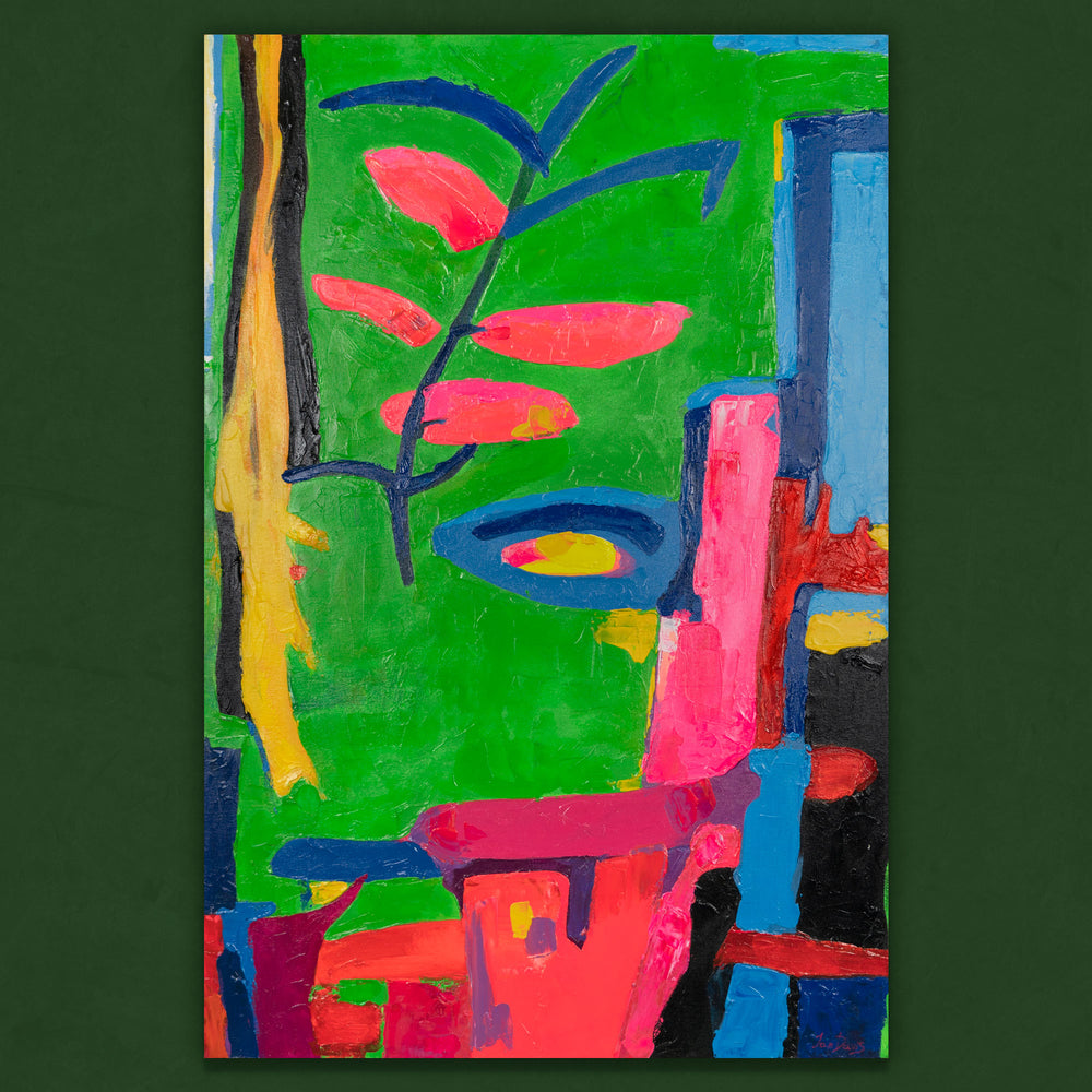 Abstrakte Kunst mit floralen Linien und leuchtenden Farben