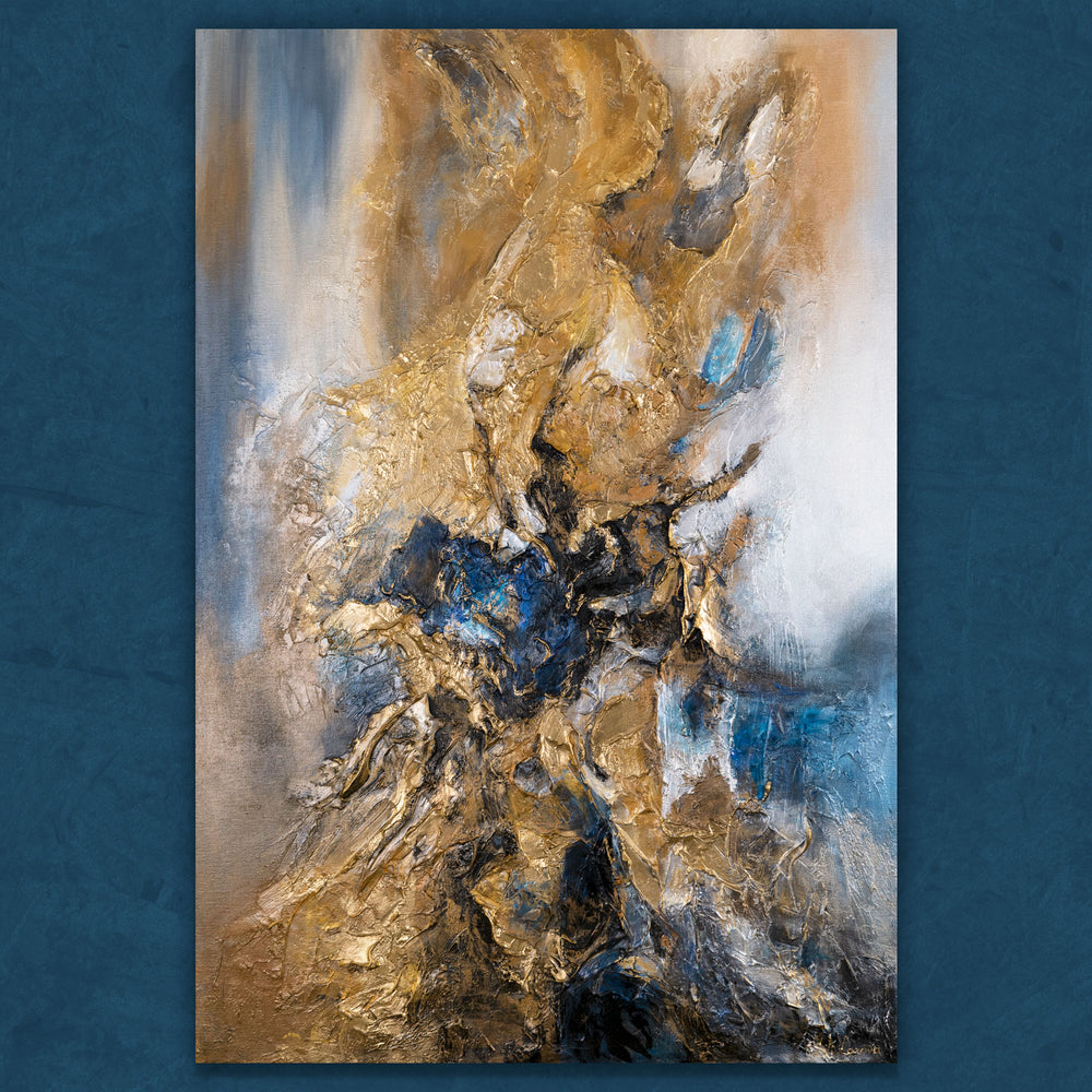 Abstraktes Acrylbild mit Goldblau-Kontrasten auf Leinwand