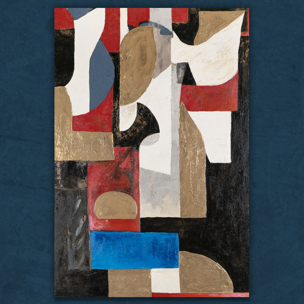 Abstraktes Acrylbild mit geometrischen Formen in Gold, Schwarz, Rot