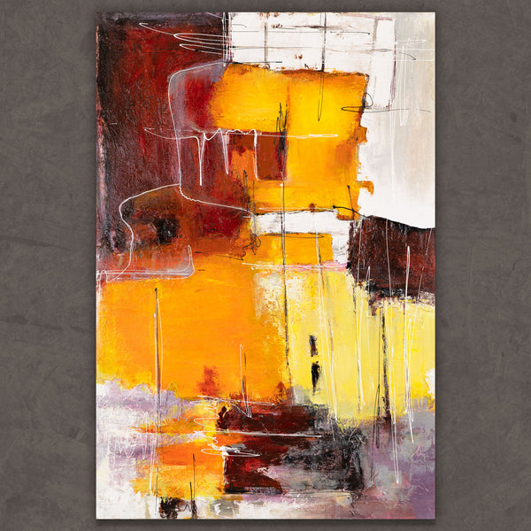 Abstraktes Acrylbild mit Struktur in Gelb, Rot und Weiß auf Leinwand