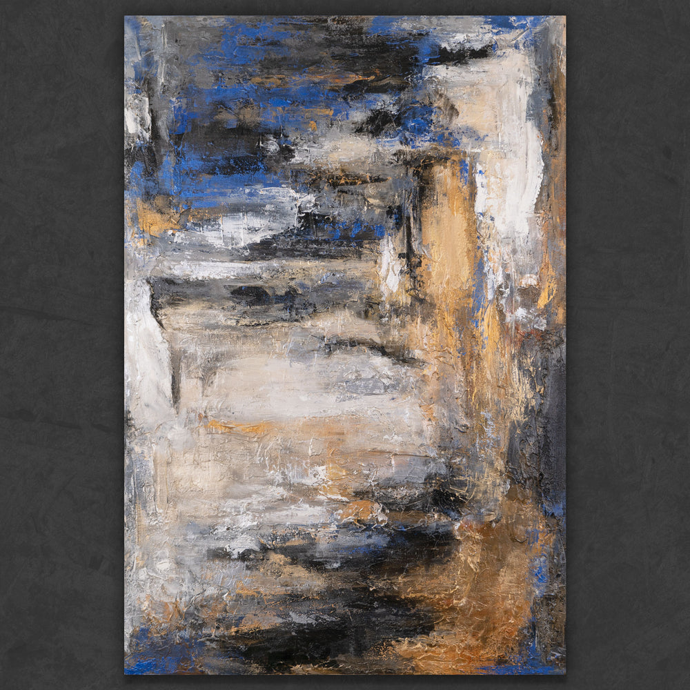 Abstraktes Acrylbild  mit Blautönen und goldener Textur