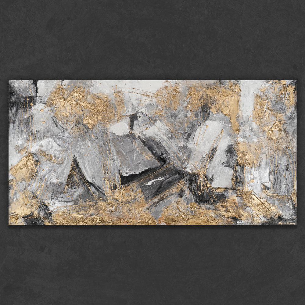 Abstraktes Querformat Gemälde in Gold, Silber und Grau auf Leinwand