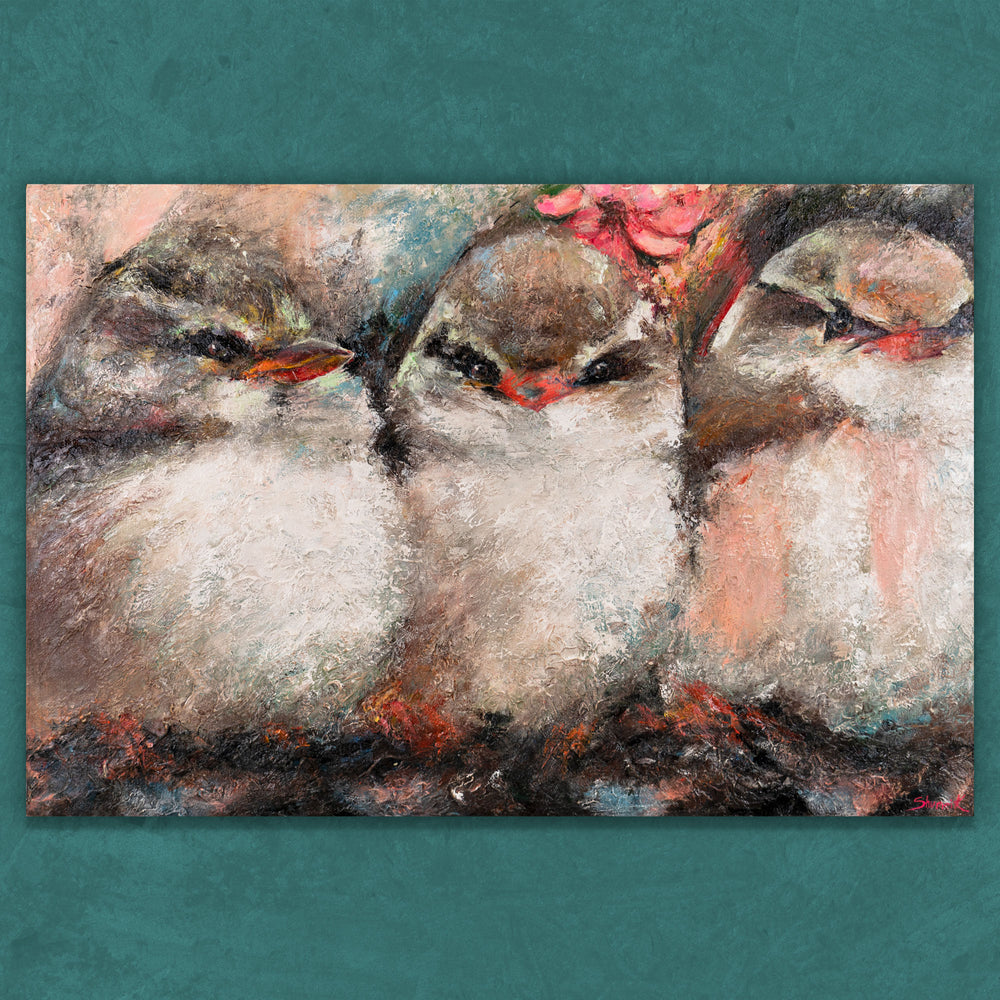 Abstrakte Tierkunst mit drei Vögeln – modernes Acrylbild auf Leinwand