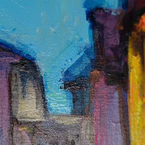Gebäude und Lichtreflexe in Stadtbild – Acrylmalerei Nahaufnahme