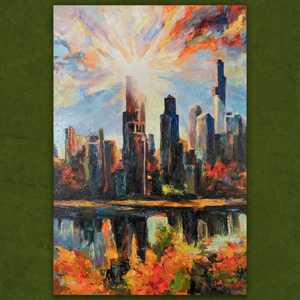 Großes Stadtbild Acryl auf Leinwand mit bunter Skyline und Sonnenstrahlen