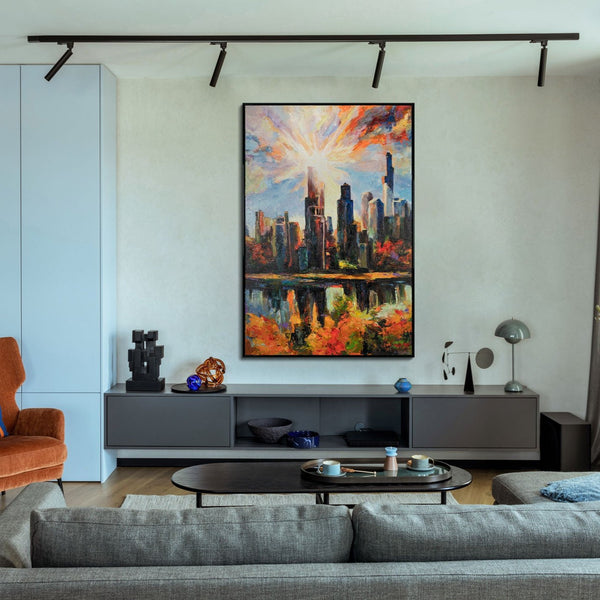 Framed wall art for living room "Metropolitan glow"