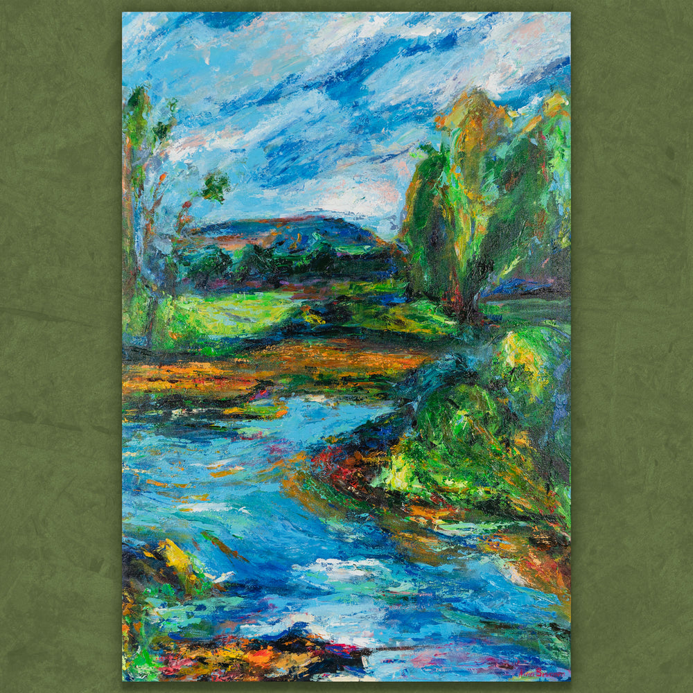 Großes Landschaftsgemälde mit Fluss, Wald und Himmel auf Leinwand