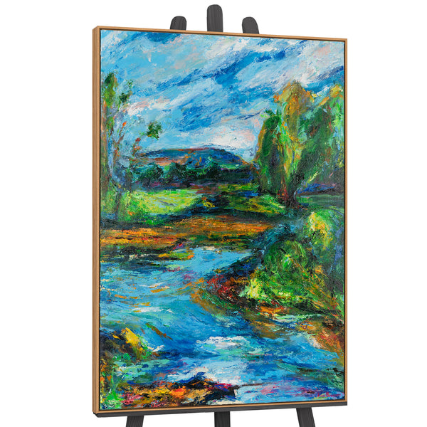 Framed canvas painting for living room "Landscape at the river"