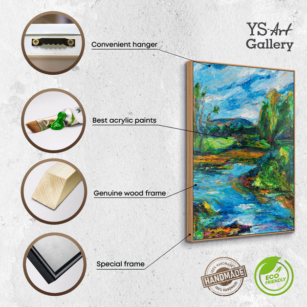 Framed canvas painting for living room "Landscape at the river"