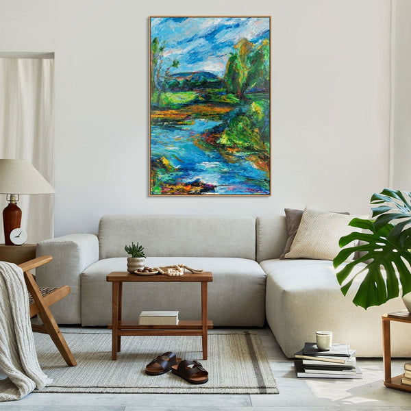 Framed canvas painting for living room "Landscape at the river"