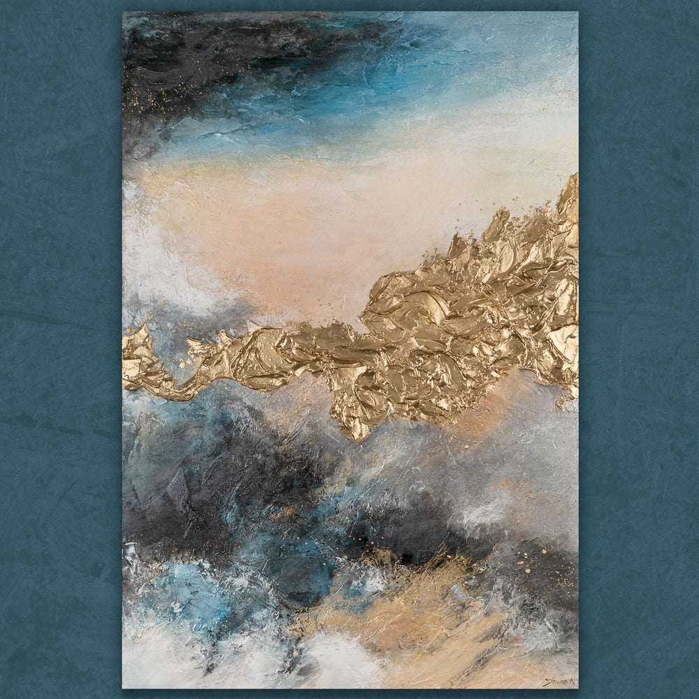 Großes Wandbild mit goldener Acrylstruktur und Farbverläufen