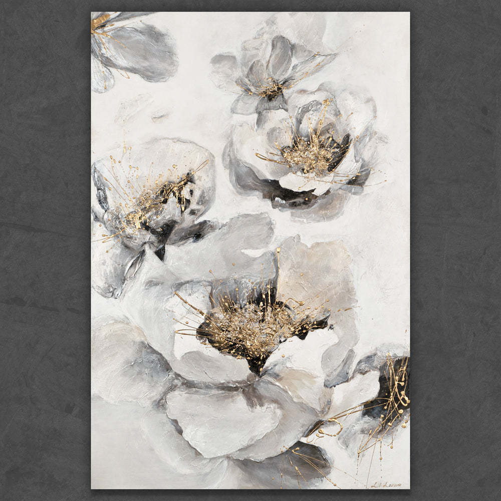 Leinwandbild mit weißen Blumen und goldenen Highlights – Acrylstruktur modern
