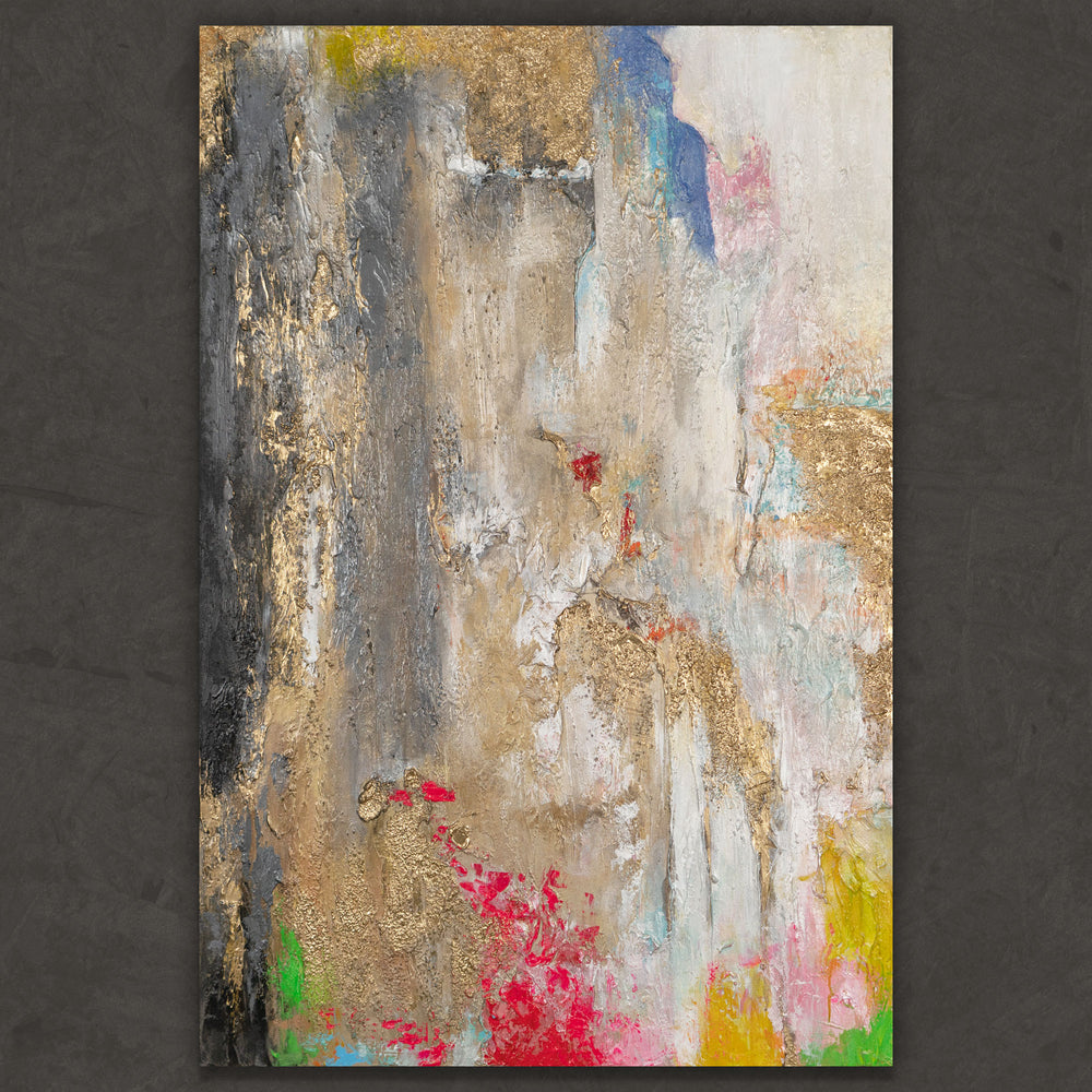 Abstraktes Acrylbild mit Gold, Beige und Farbflächen auf Leinwand