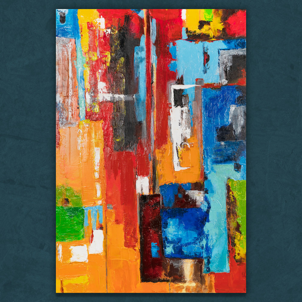 Abstrakte Stadtkomposition in Acryl mit kräftigen Farben