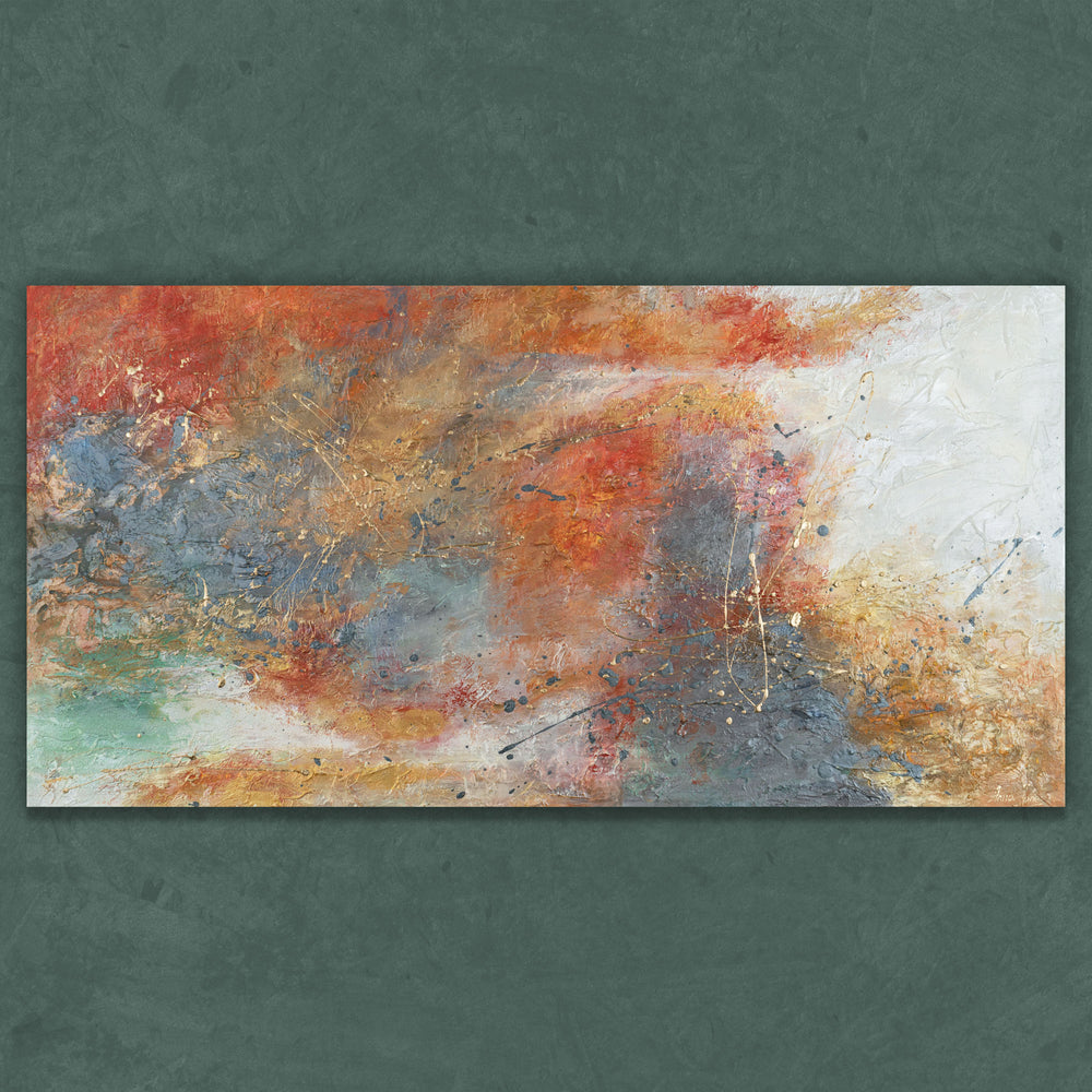 Abstraktes Acrylgemälde mit Struktur in Rot, Blau und Gold