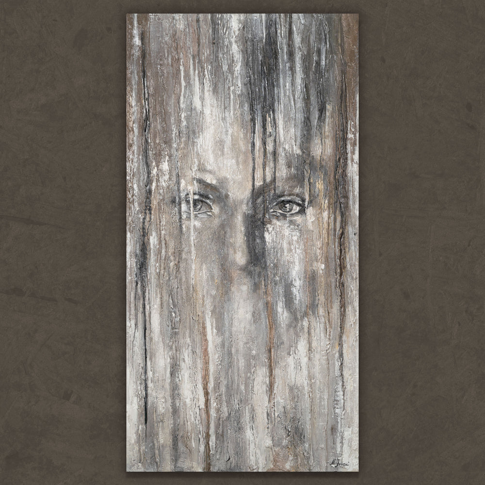 Abstraktes Acrylbild mit mysteriösem Frauengesicht auf Leinwand