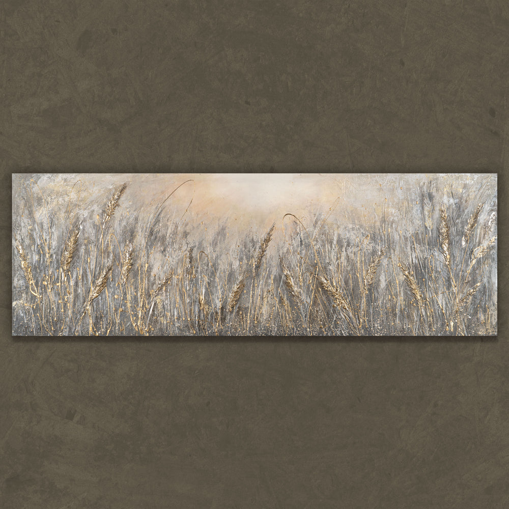 Abstrakte Landschaft mit Weizenfeld in Grau-Gold – Acryl auf Leinwand


