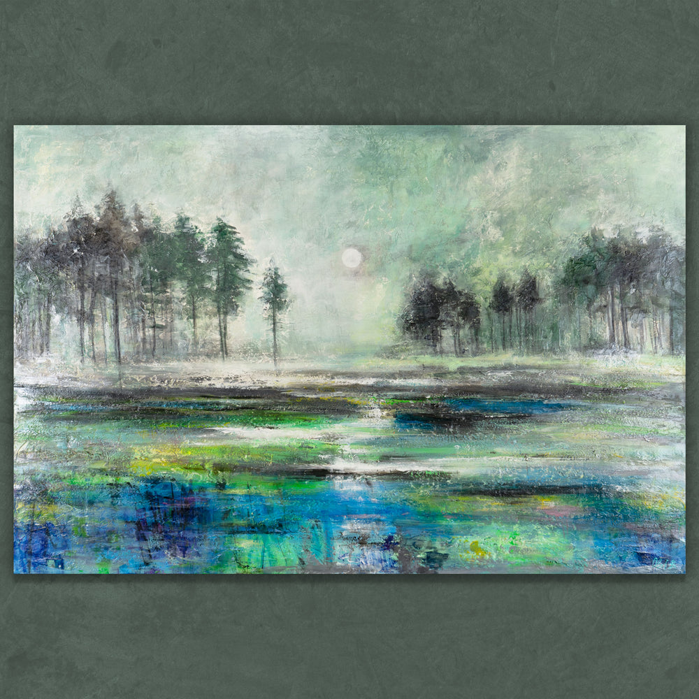 Waldlandschaft Acrylgemälde mit Nebel und reflektierendem Wasser