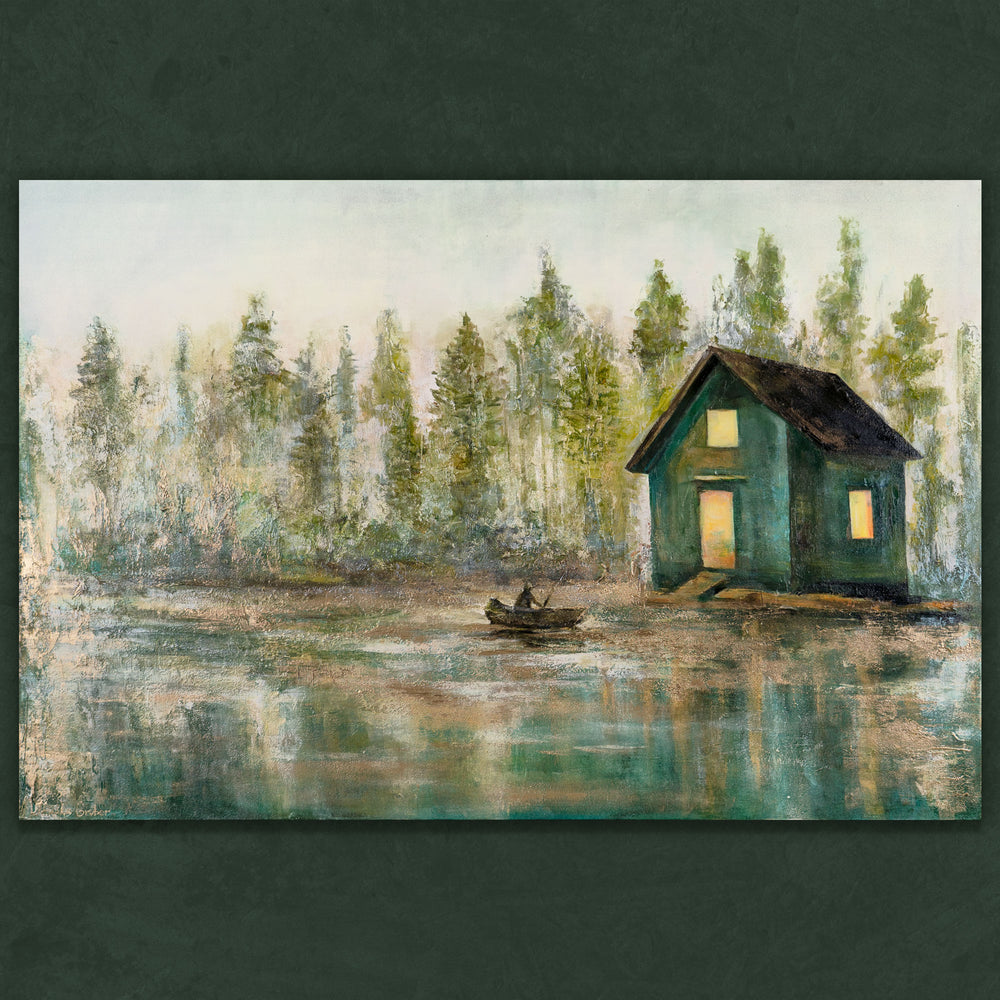 Strukturierte Landschaft mit Haus am See und Boot – Acryl Gemälde