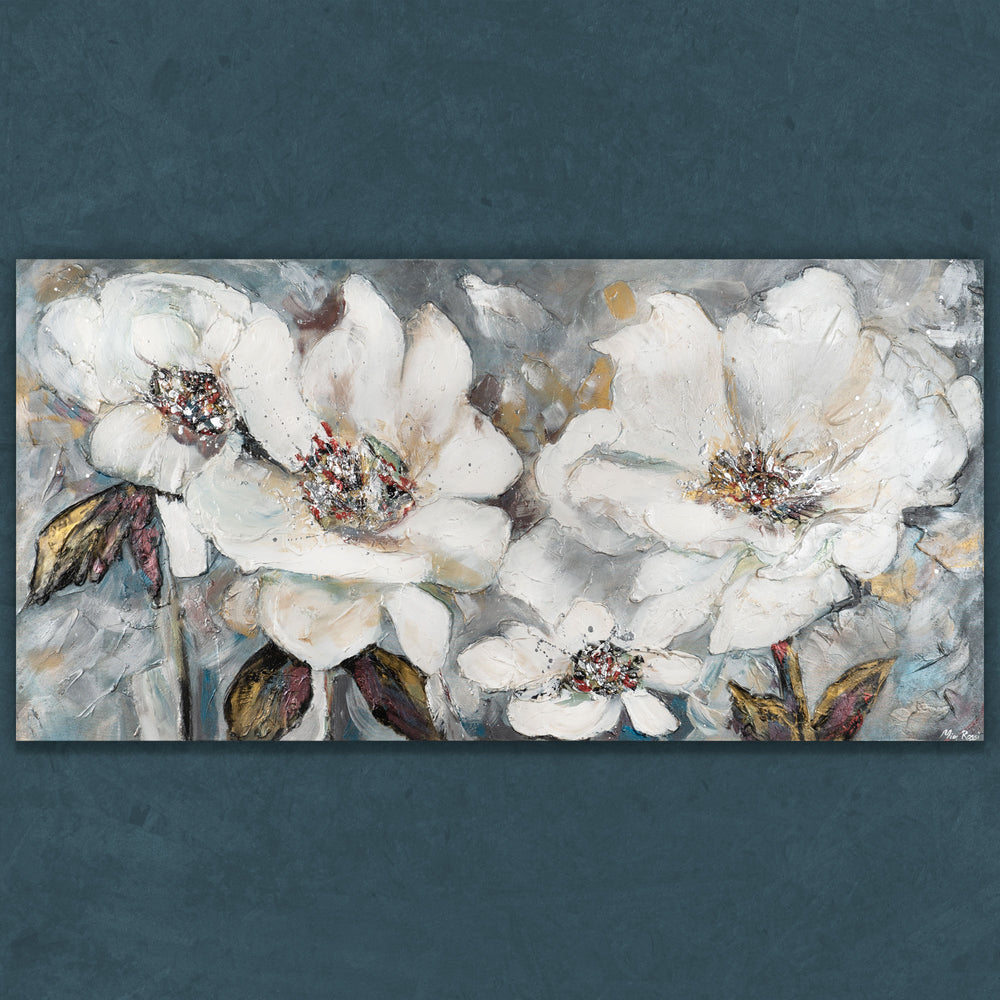 Komplettes Acrylgemälde mit weißen Blüten auf Leinwand