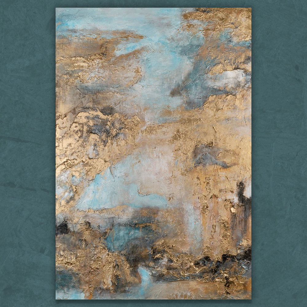 Abstraktes Gemälde Gold Blau mit Struktur auf Leinwand