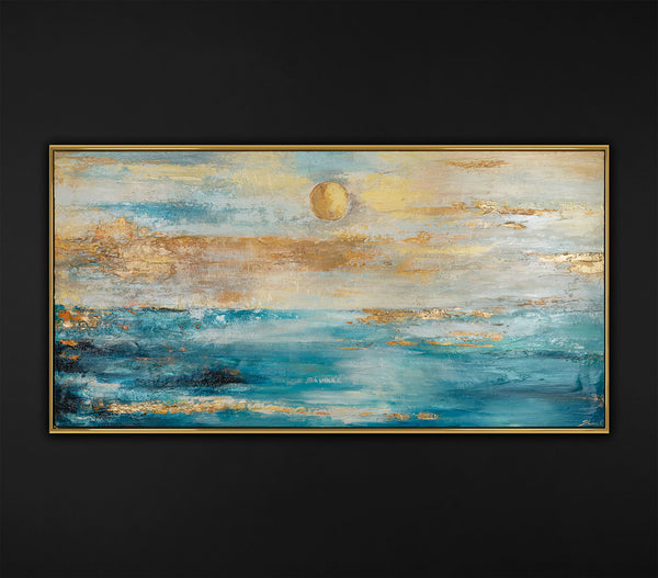 Textured acrylic painting on canvas seascape motive - framed wall art "Warm Horizon"