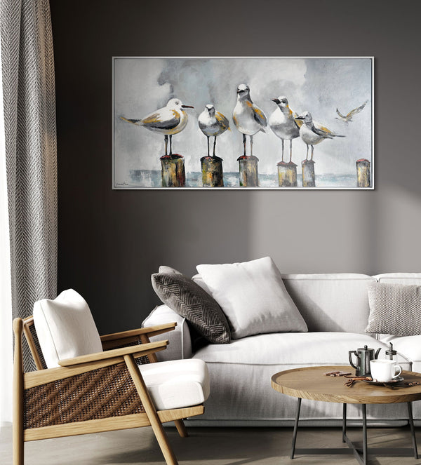 Textured acrylic framed painting on canvas seascape motive "Seagulls"