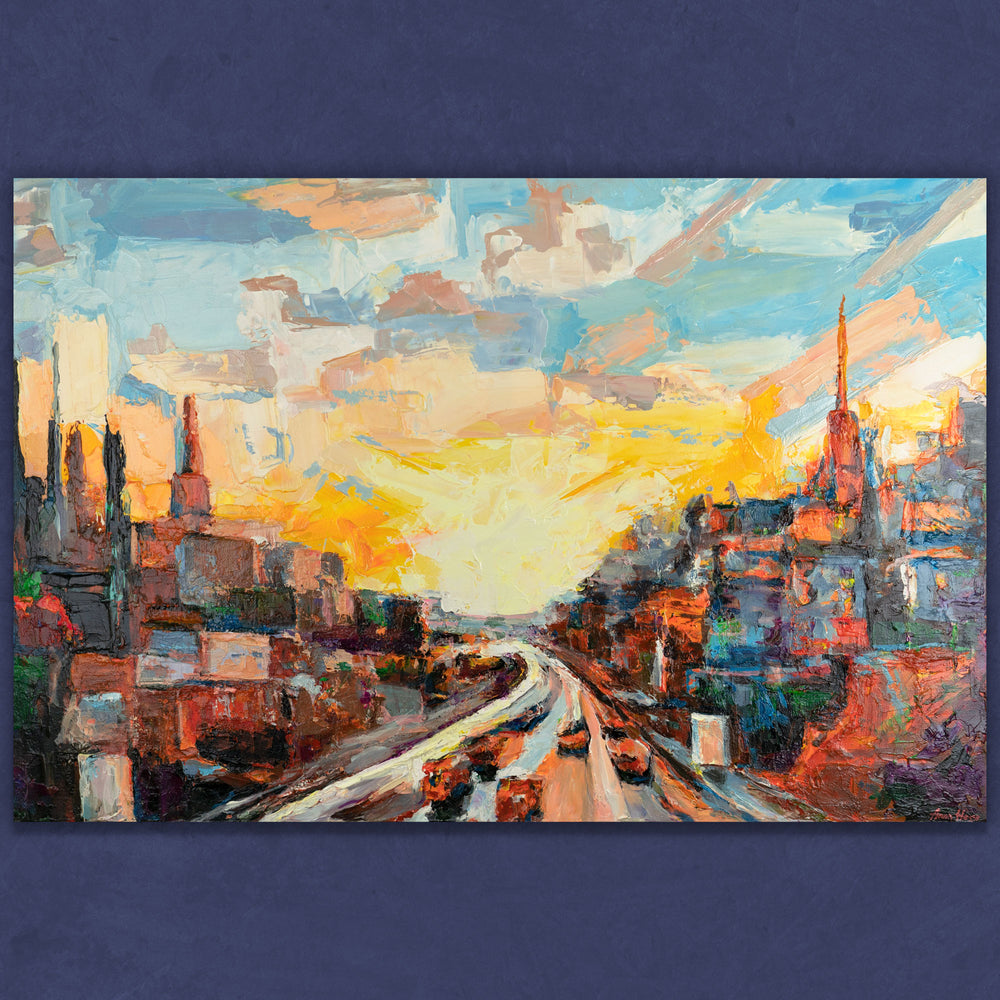 Stadtlandschaft bei Sonnenuntergang – modernes Acrylbild mit Struktur