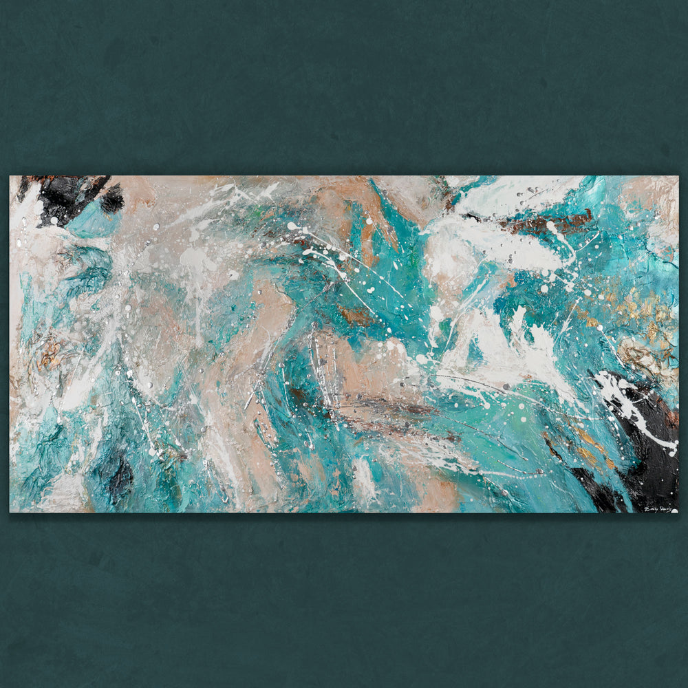 Abstraktes Acrylgemälde „Azur“ in Türkis und Beige auf Leinwand