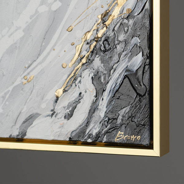 Grey abstract acrylic painting with gold frame "Golden winds"