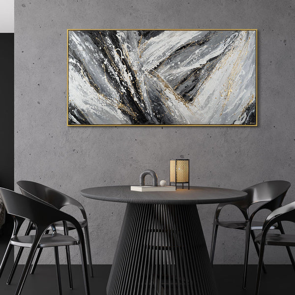 Grey abstract acrylic painting with gold frame "Golden winds"