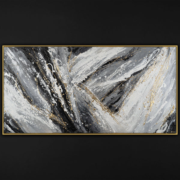 Grey abstract acrylic painting with gold frame "Golden winds"