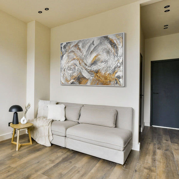 Large abstract painting in frame for living room "White Symphony"