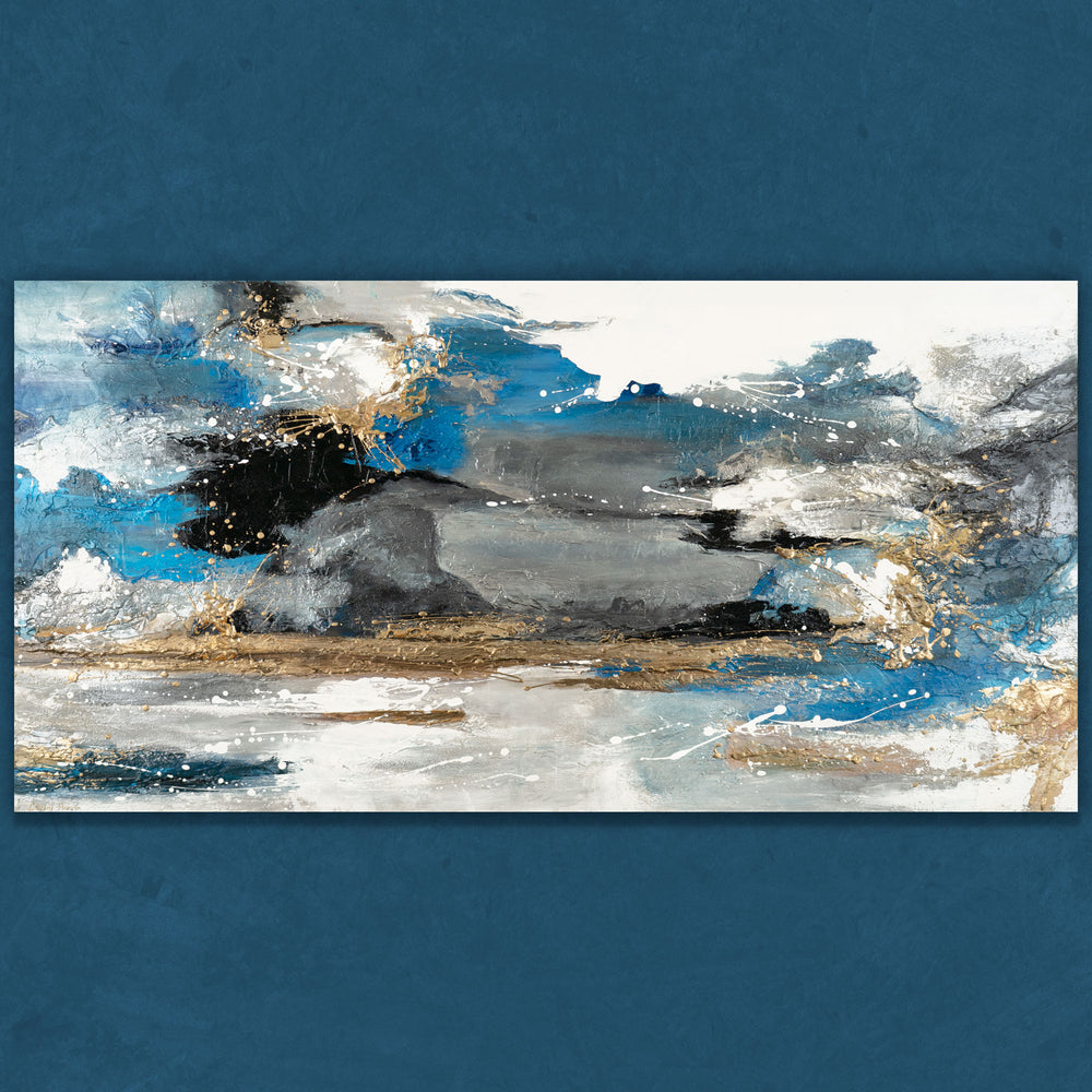 Abstraktes Acrylgemälde mit Meeresthema in Blau, Weiß und Gold