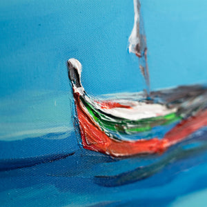 Vibrant seaside painting displayed in coastal-style interior