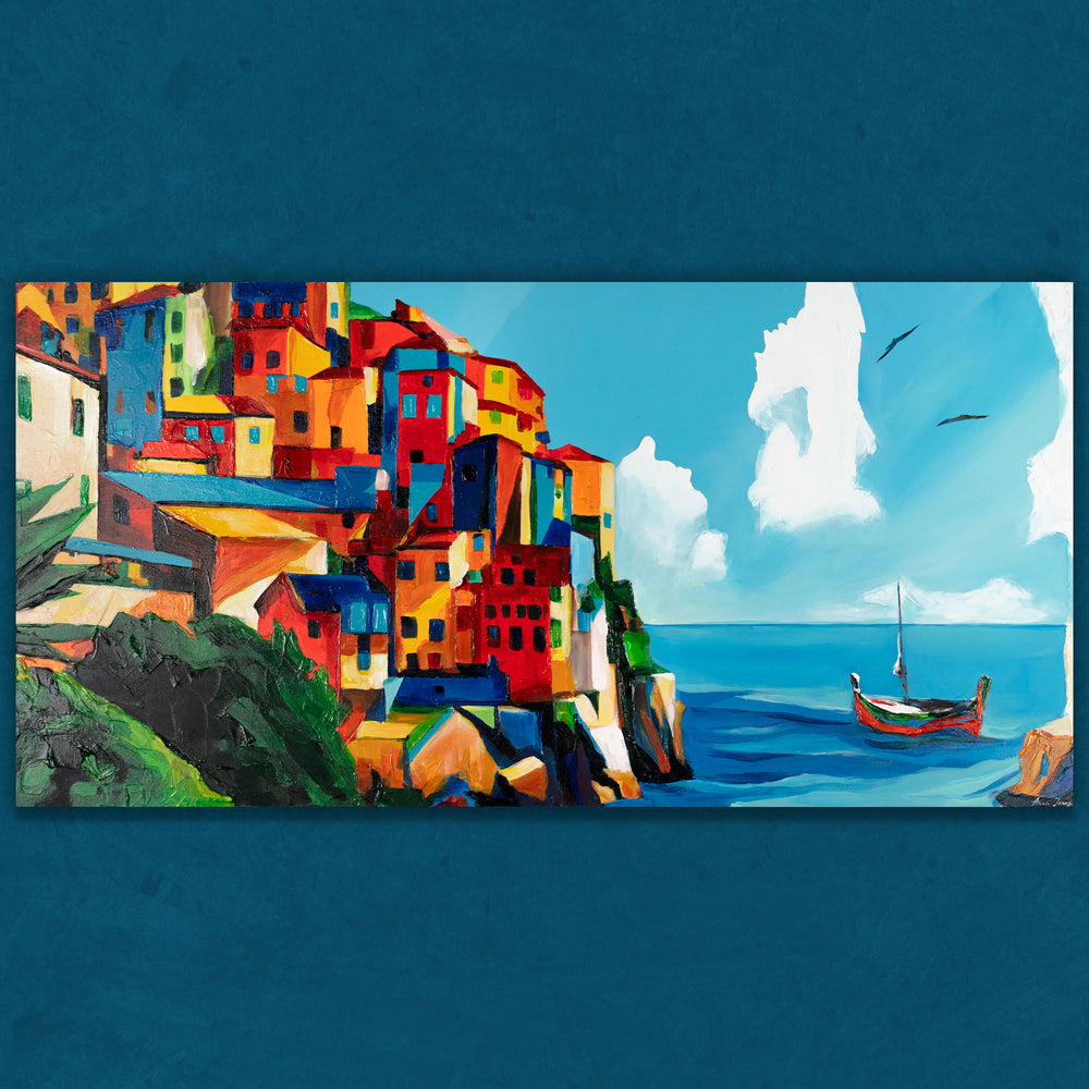 Rolled canvas painting of colorful coastal village, hand-painted