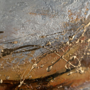 Close-up of earthy acrylic textures in brown, gray, and white