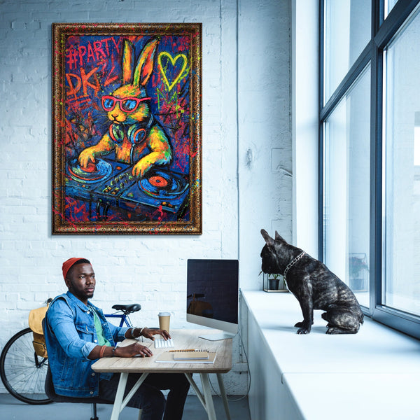 Abstraktes Hasenmotiv handgemalte Wandkunst im hellen Wohnzimmer