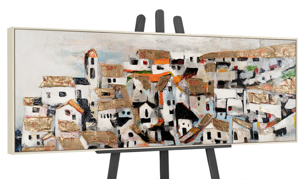 Abstraktes Stadtbild Acrylmalerei Beige Gold Strukturkunst