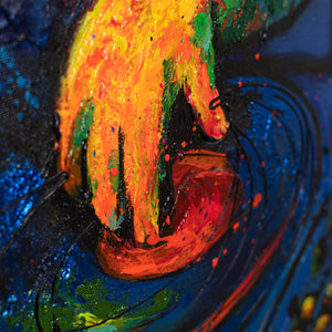 Farbige Hand auf Schallplatte moderne Acrylmalerei Nahansicht