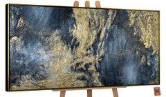Handgemaltes Acrylbild Gold Blau auf Staffelei moderne Kunst