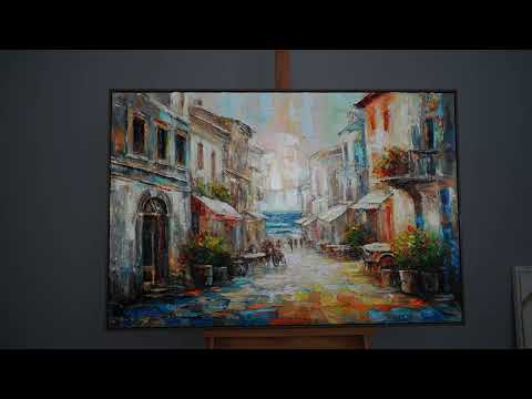 "Warm Breeze" – Charming Street Scene with Sea View, Hand-Painted Acrylic on Canvas