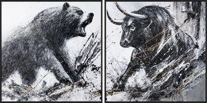 Hand-painted Diptych with Bull & Bear with Frame – Office Wall Decor
