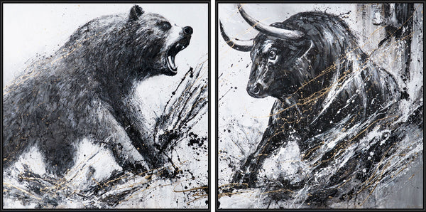 Hand-painted Diptych with Bull & Bear with Frame – Office Wall Decor
